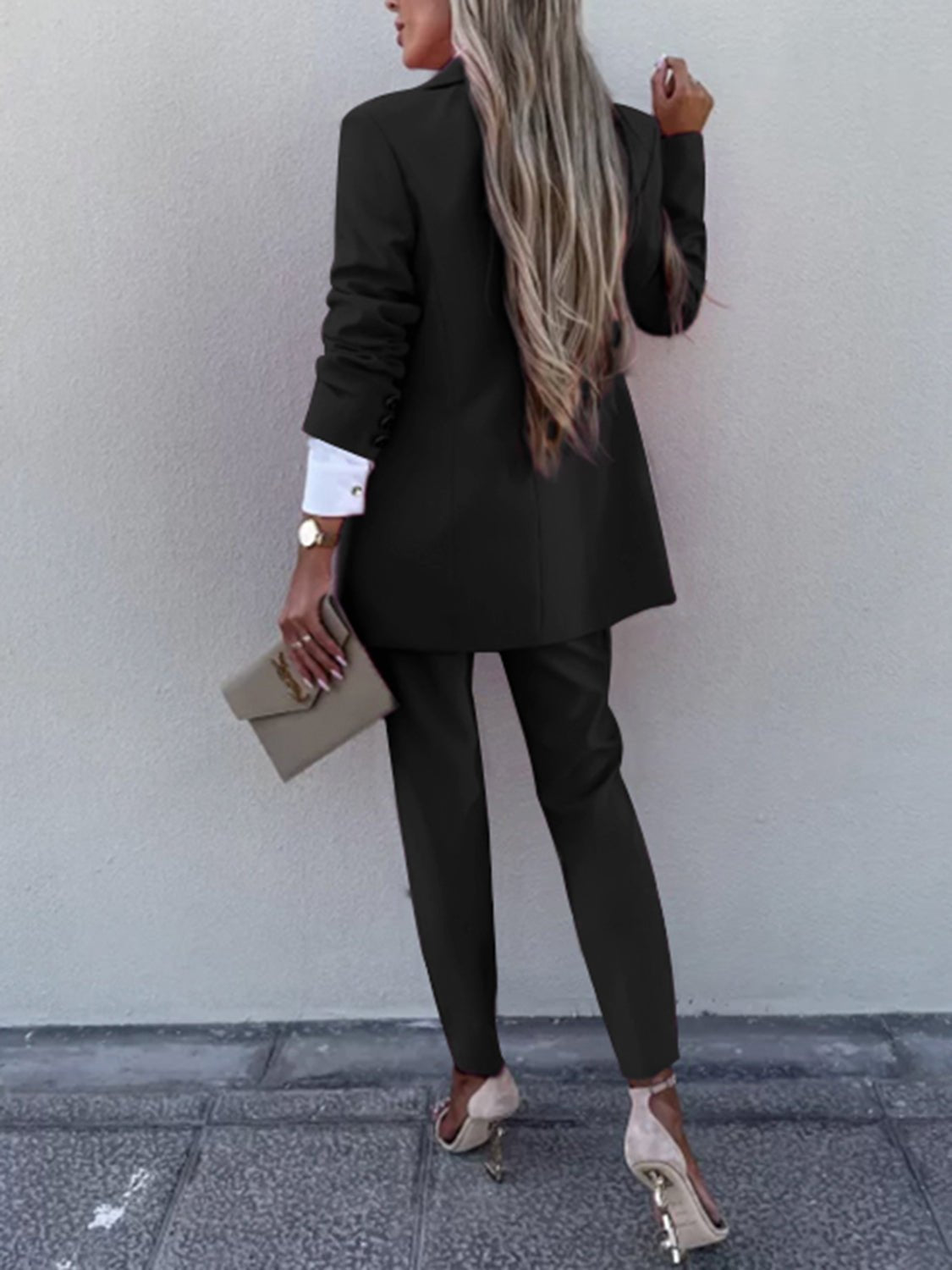 Lapel Collar Long Sleeve Blazer and Pants Set - Kalizeh