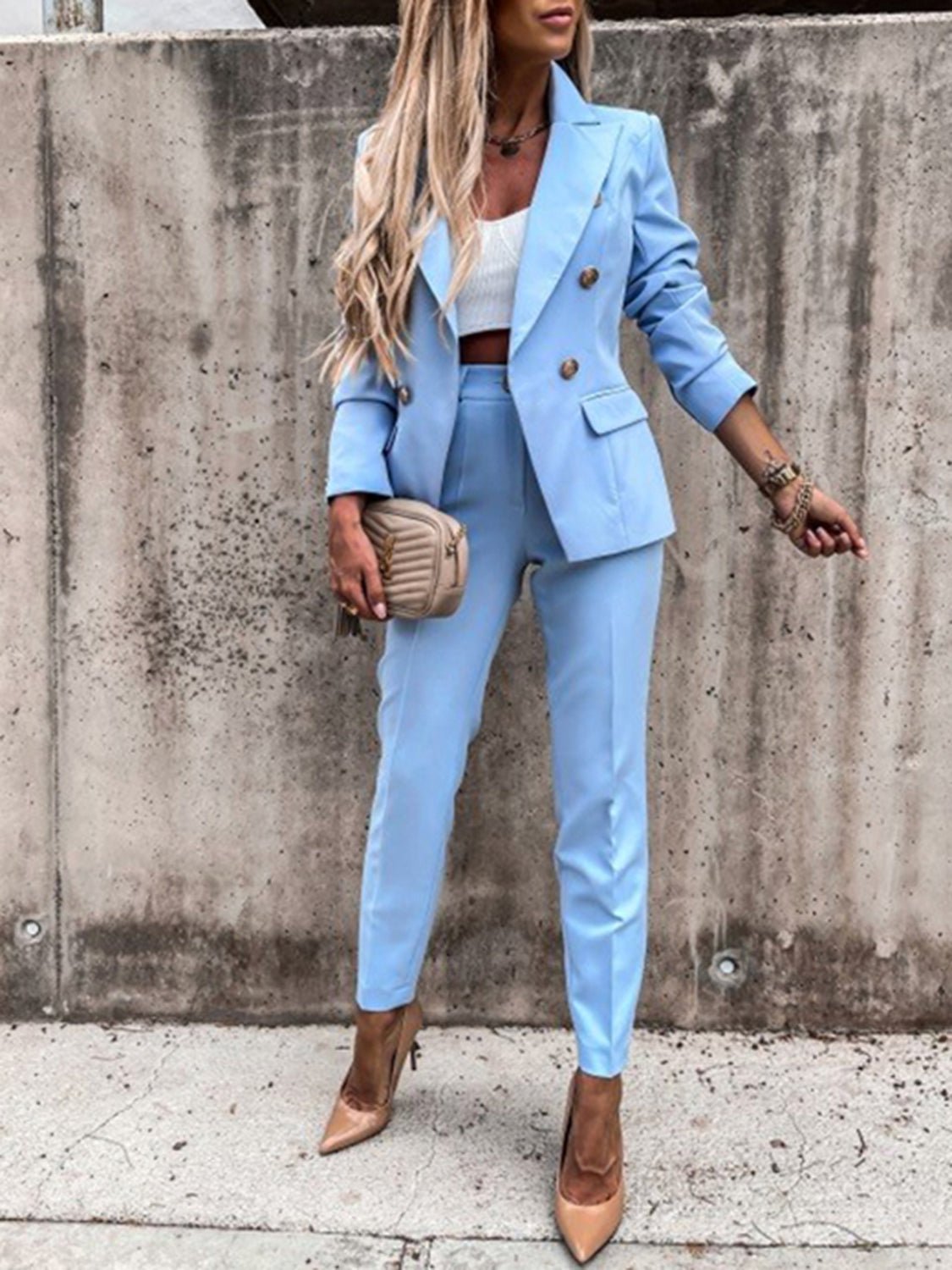 Lapel Collar Long Sleeve Blazer and Pants Set - Kalizeh