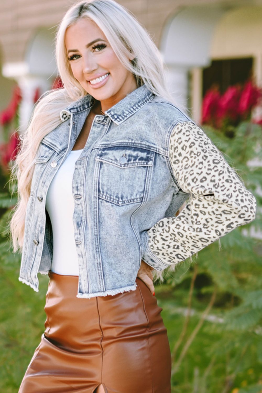 Leopard Button Up Denim Jacket - Kalizeh