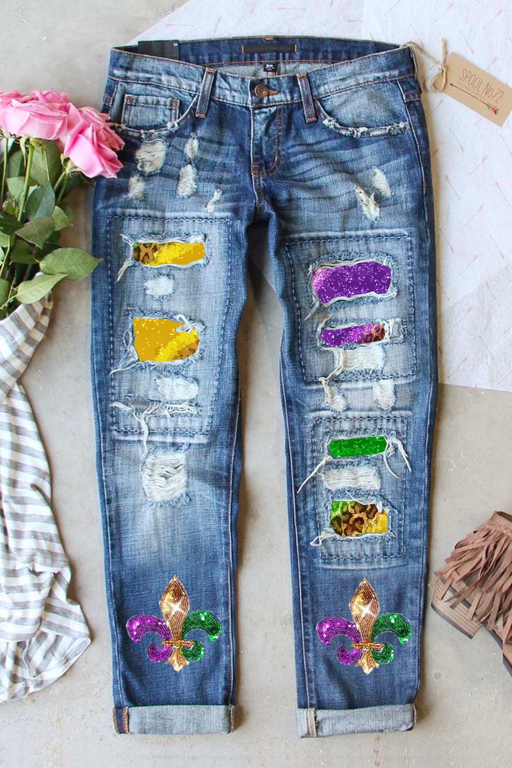 Mardi Gras Sequin Distressed Straight Jeans - Kalizeh