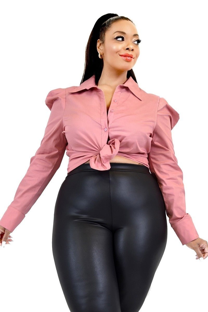 Mauve Plus Size Solid Poplin Puff Sleeve Shirt - Kalizeh