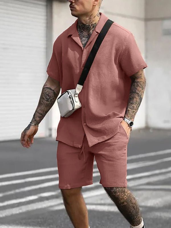 Men's Casual Short-Sleeved Button-Up Shorts Set - Kalizeh