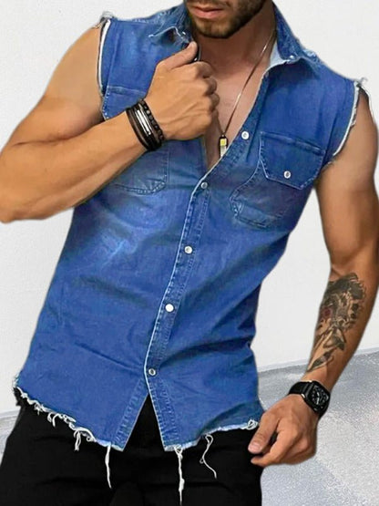 Men's Denim Lapel Sleeveless Shirt Top - Kalizeh