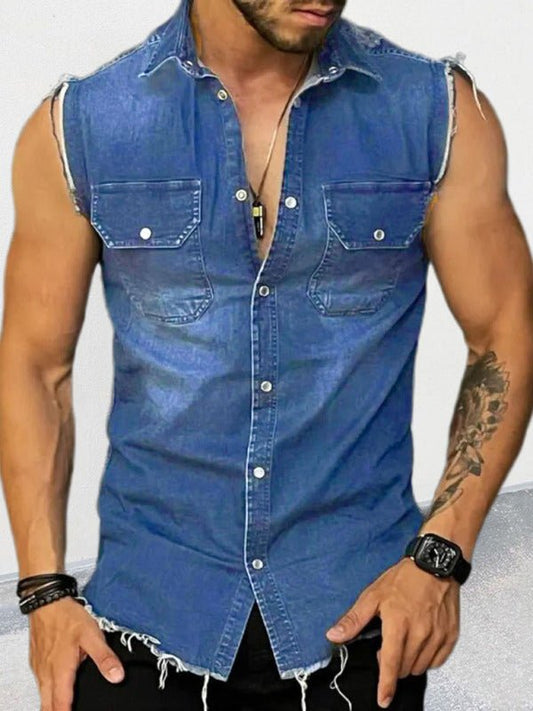 Men's Denim Lapel Sleeveless Shirt Top - Kalizeh