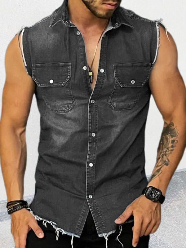 Men's Denim Lapel Sleeveless Shirt Top - Kalizeh