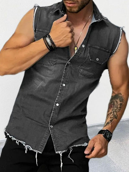 Men's Denim Lapel Sleeveless Shirt Top - Kalizeh