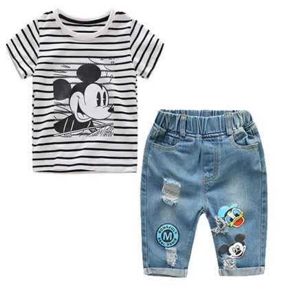 Mickey Mouse Striped T-Shirt and Denim Shorts Set - Kalizeh