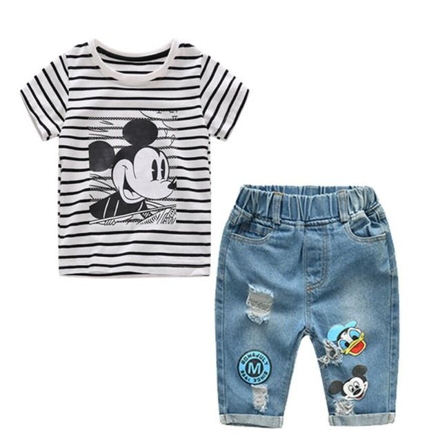 Mickey Mouse Striped T-Shirt and Denim Shorts Set - Kalizeh