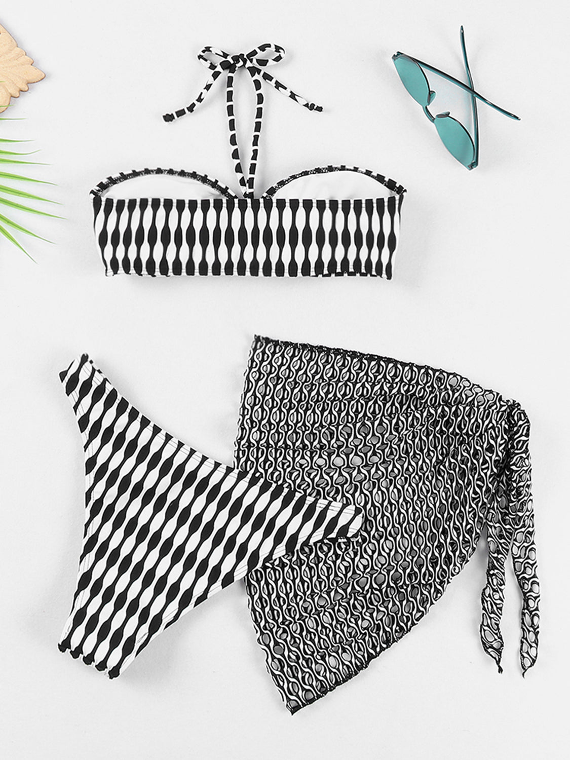 Modern Geometric Halter Neck Three-Piece Swim Set - Kalizeh