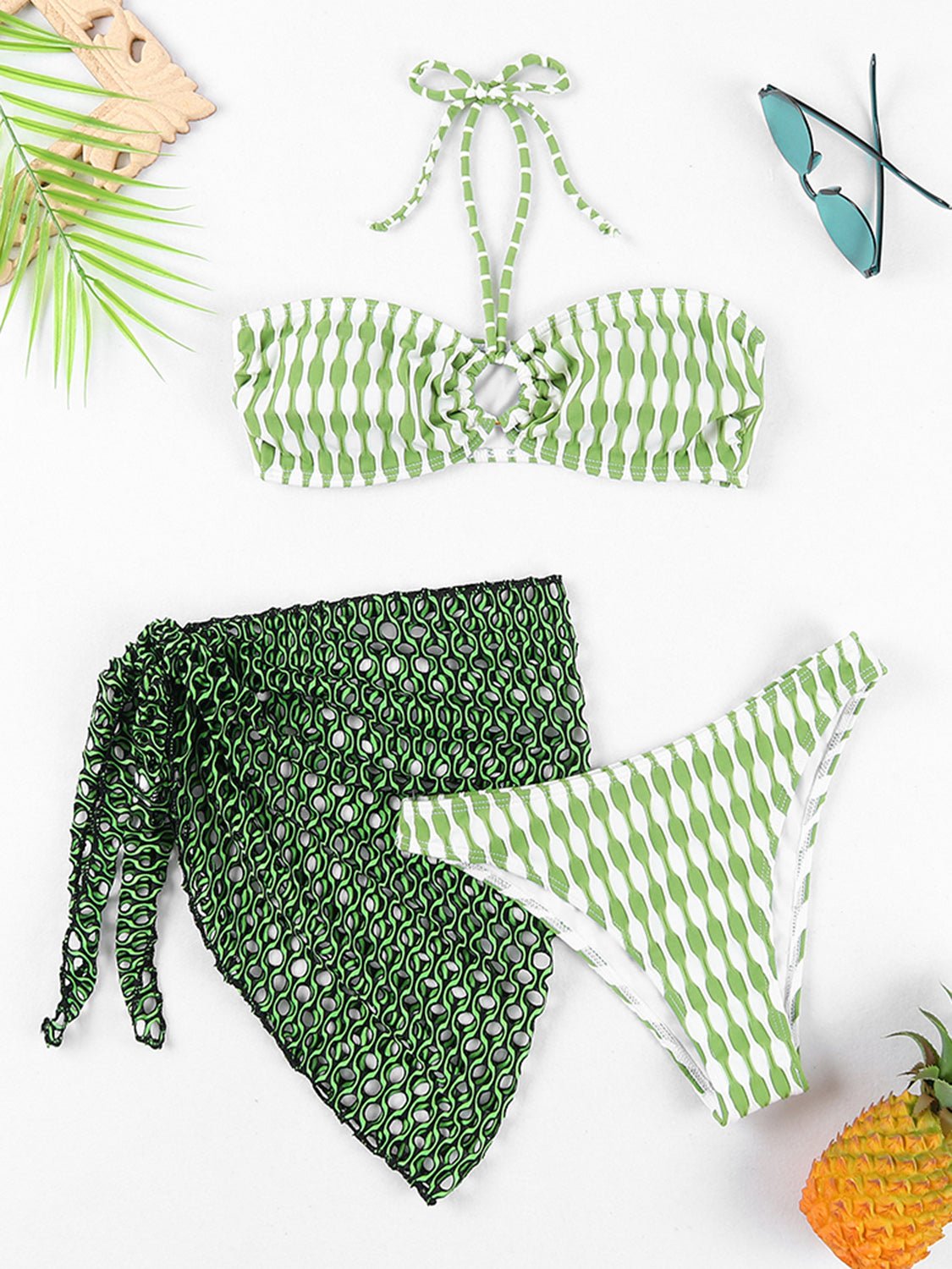 Modern Geometric Halter Neck Three-Piece Swim Set - Kalizeh