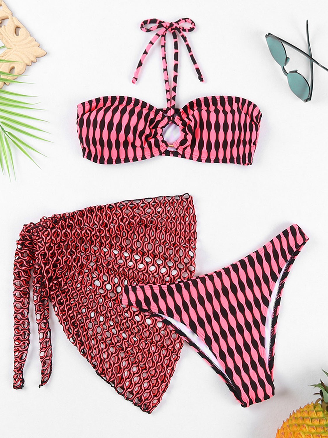 Modern Geometric Halter Neck Three-Piece Swim Set - Kalizeh