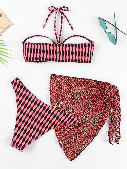 Modern Geometric Halter Neck Three-Piece Swim Set - Kalizeh