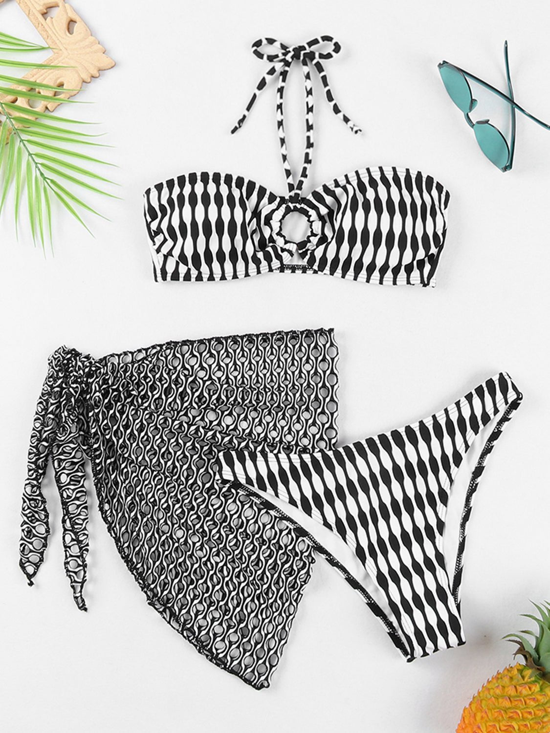 Modern Geometric Halter Neck Three-Piece Swim Set - Kalizeh