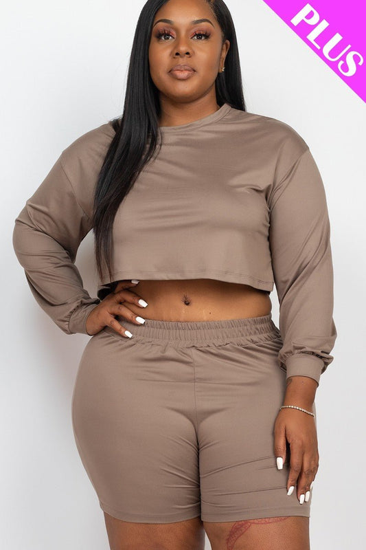 Neutral Taupe Cozy Plus Size Crop Top and Shorts Set - Kalizeh