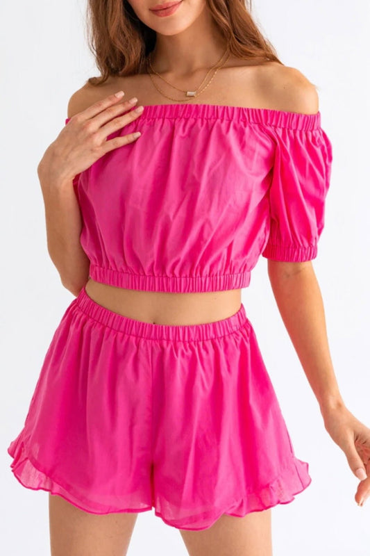 Off Shoulder Crop Top and Ruffled Shorts Set - Kalizeh