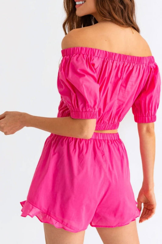 Off Shoulder Crop Top and Ruffled Shorts Set - Kalizeh