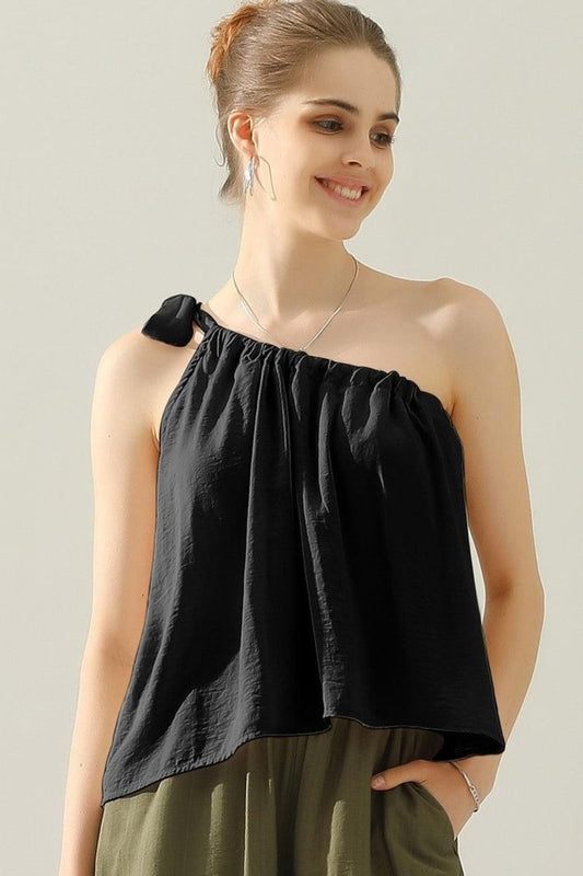 One Shoulder Bow Tie Satin Silk Top - Kalizeh