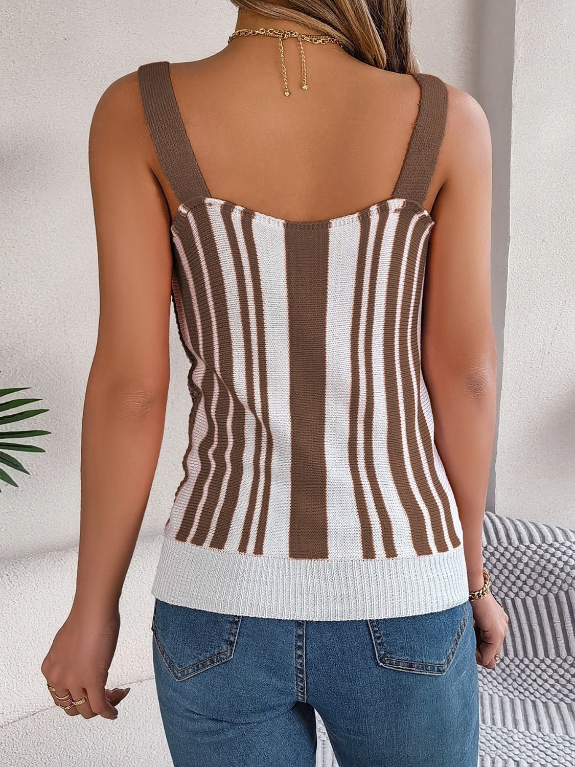 Openwork Striped V-Neck Tank - Kalizeh