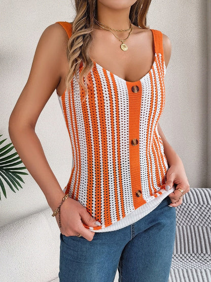 Openwork Striped V-Neck Tank - Kalizeh