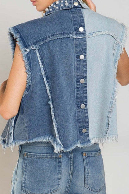 Pearl Raw Hem Sleeveless Denim Vest - Kalizeh