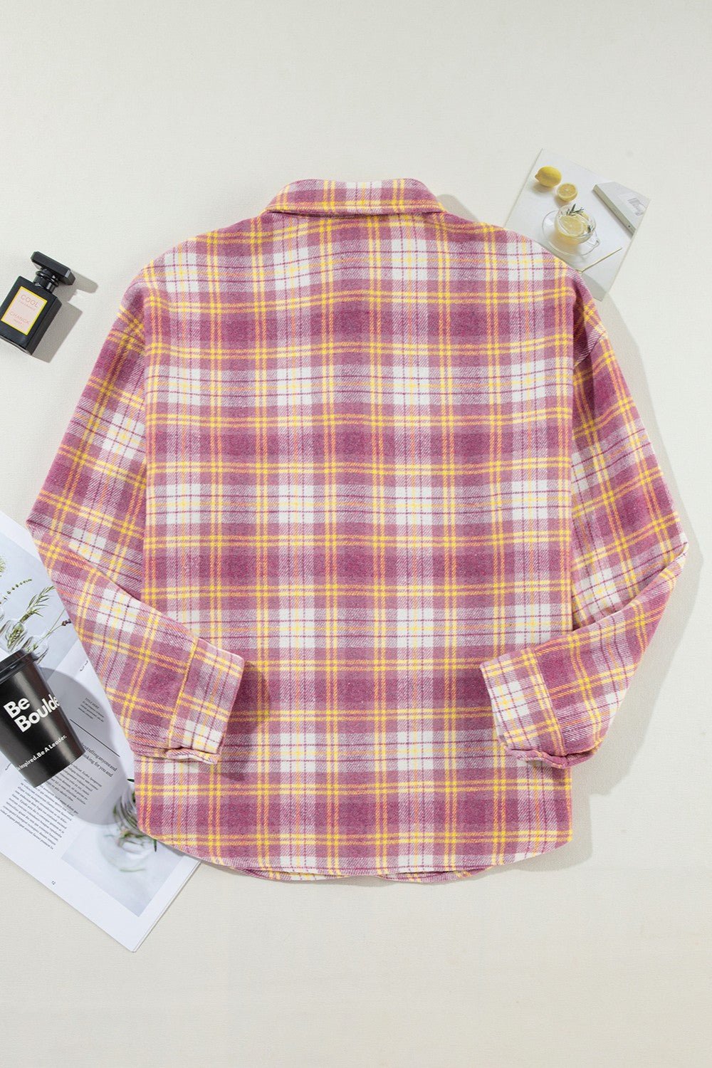 Plaid Collared Neck Long Sleeve Shacket - Kalizeh