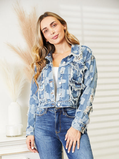 Plaid Raw Hem Dropped Shoulder Denim Jacket - Kalizeh