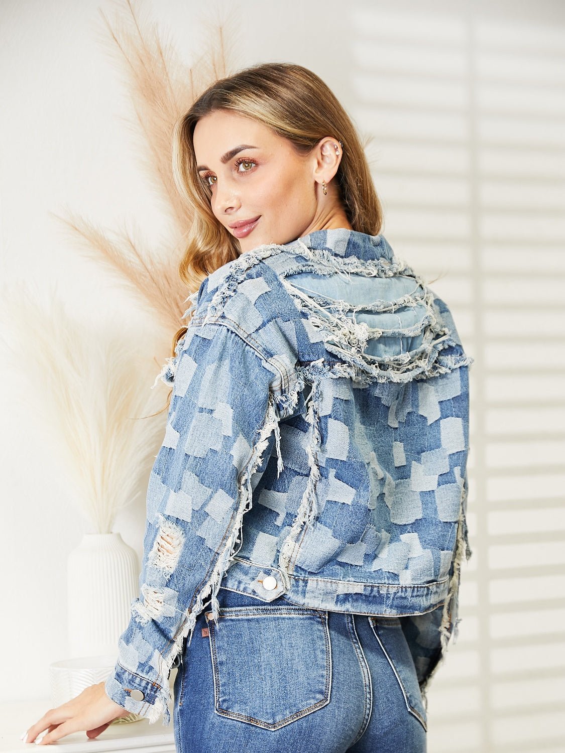 Plaid Raw Hem Dropped Shoulder Denim Jacket - Kalizeh