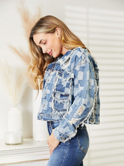 Plaid Raw Hem Dropped Shoulder Denim Jacket - Kalizeh