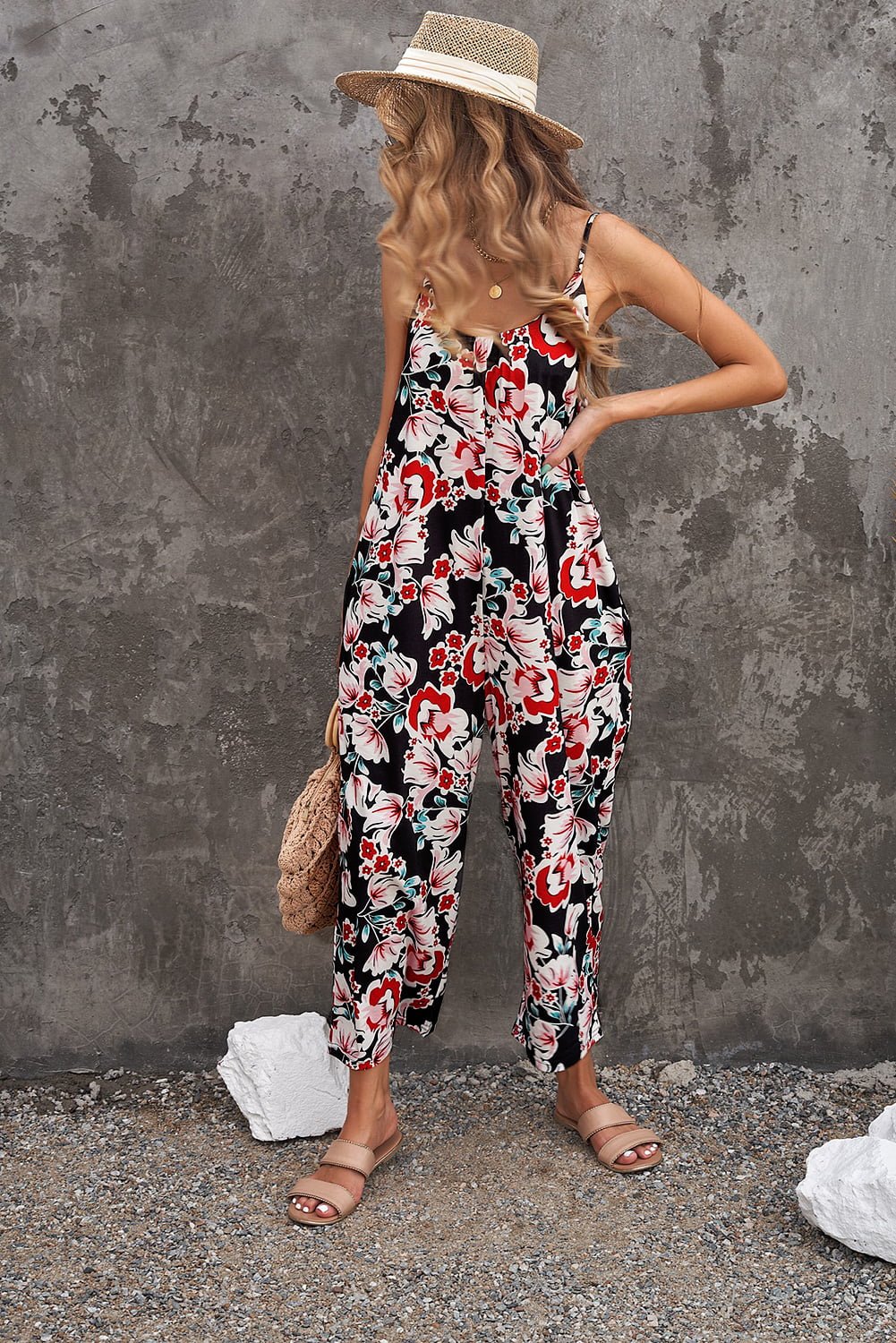 Playful Print Spaghetti Strap Cropped Jumpsuit - Kalizeh