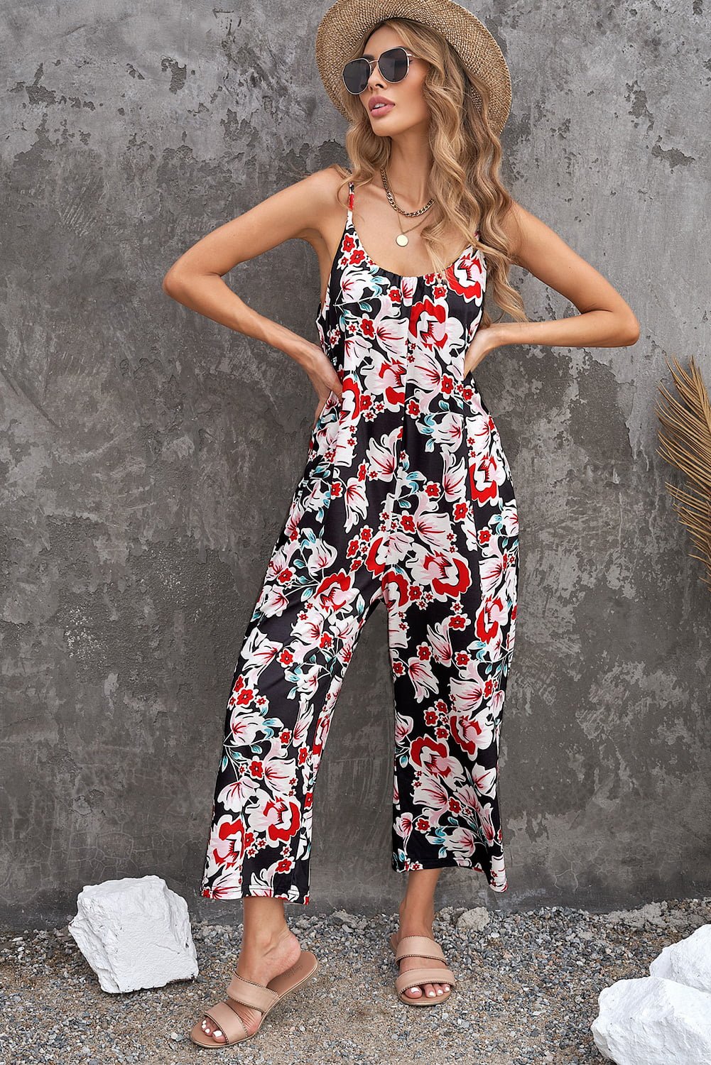 Playful Print Spaghetti Strap Cropped Jumpsuit - Kalizeh