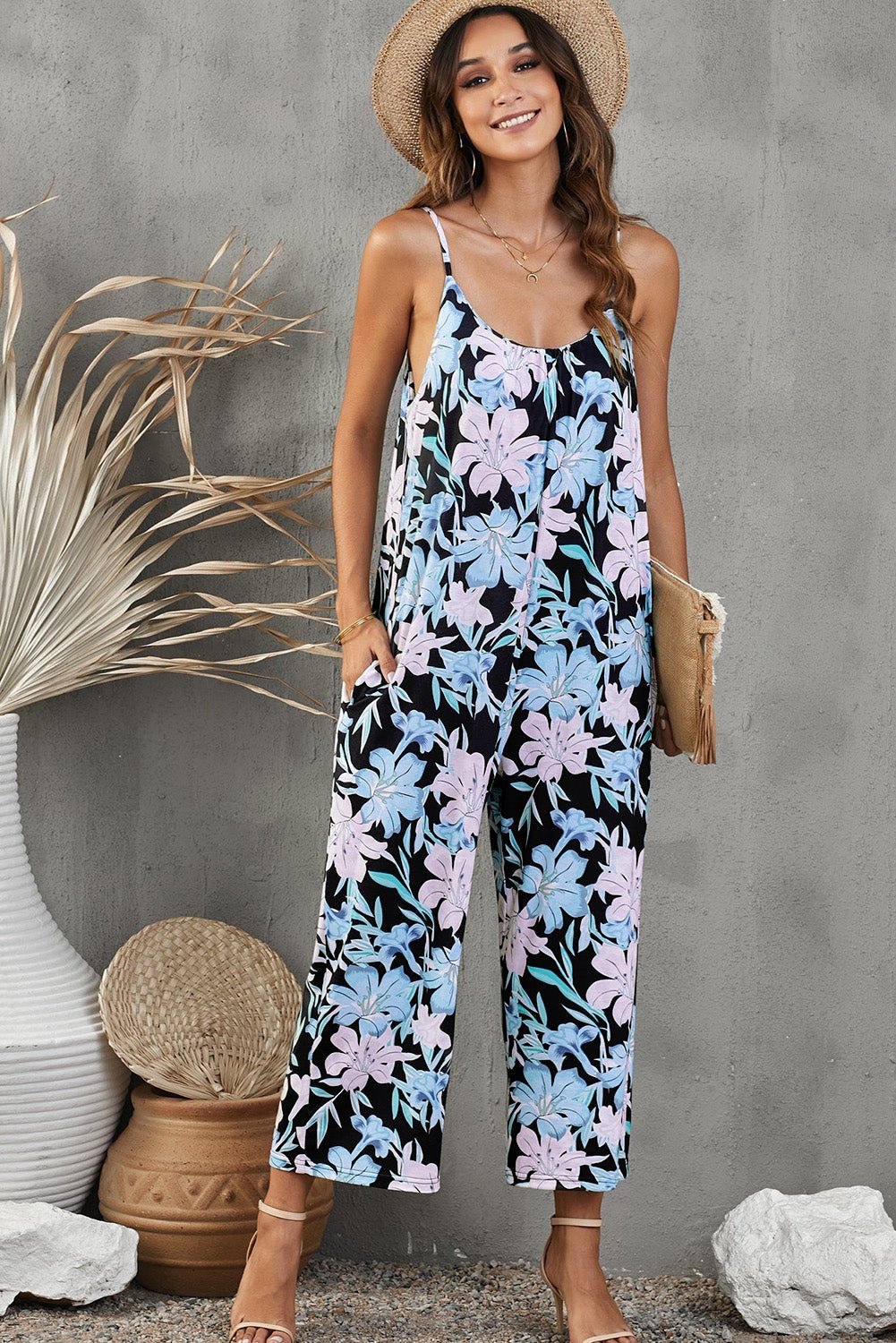 Playful Print Spaghetti Strap Cropped Jumpsuit - Kalizeh