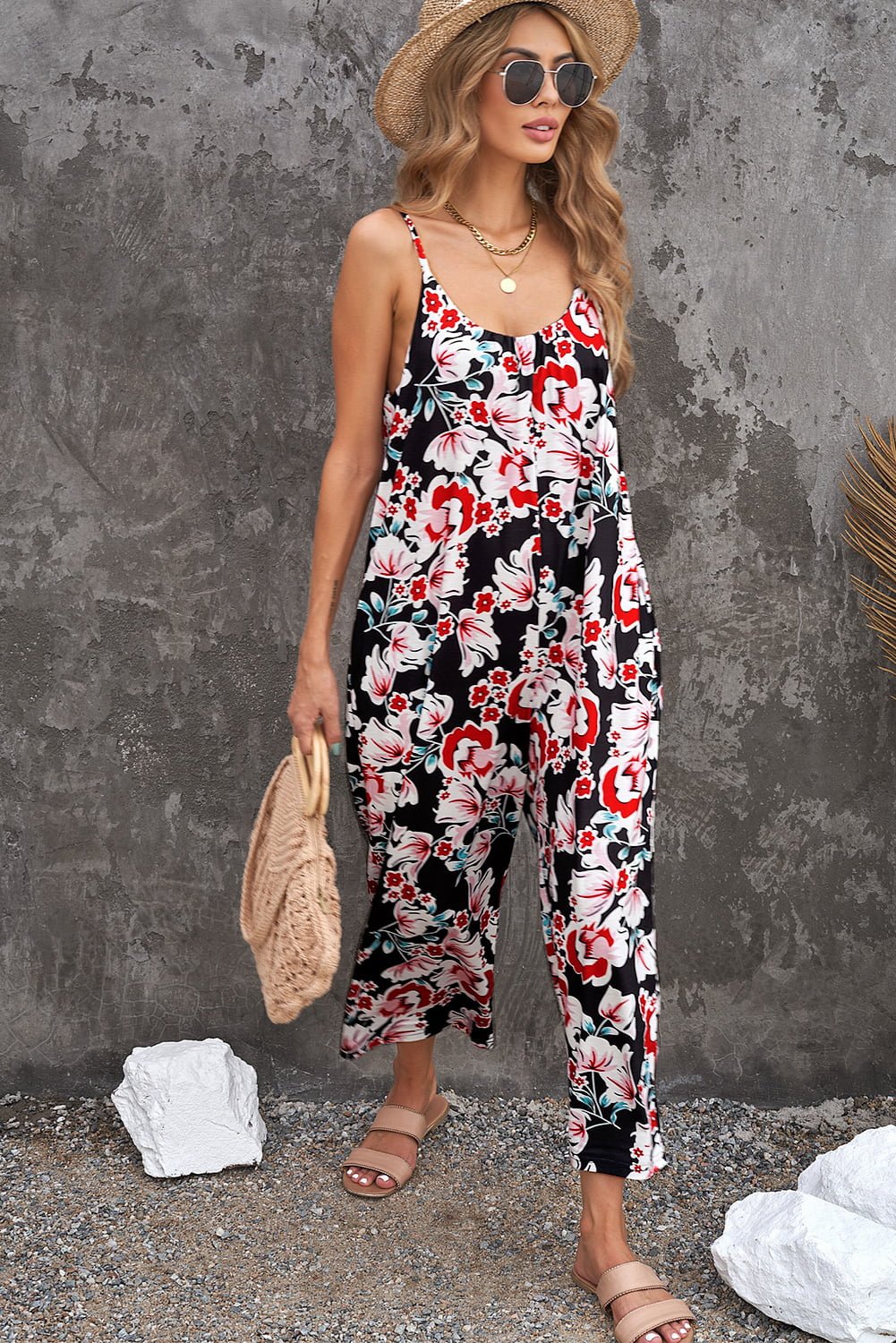 Playful Print Spaghetti Strap Cropped Jumpsuit - Kalizeh