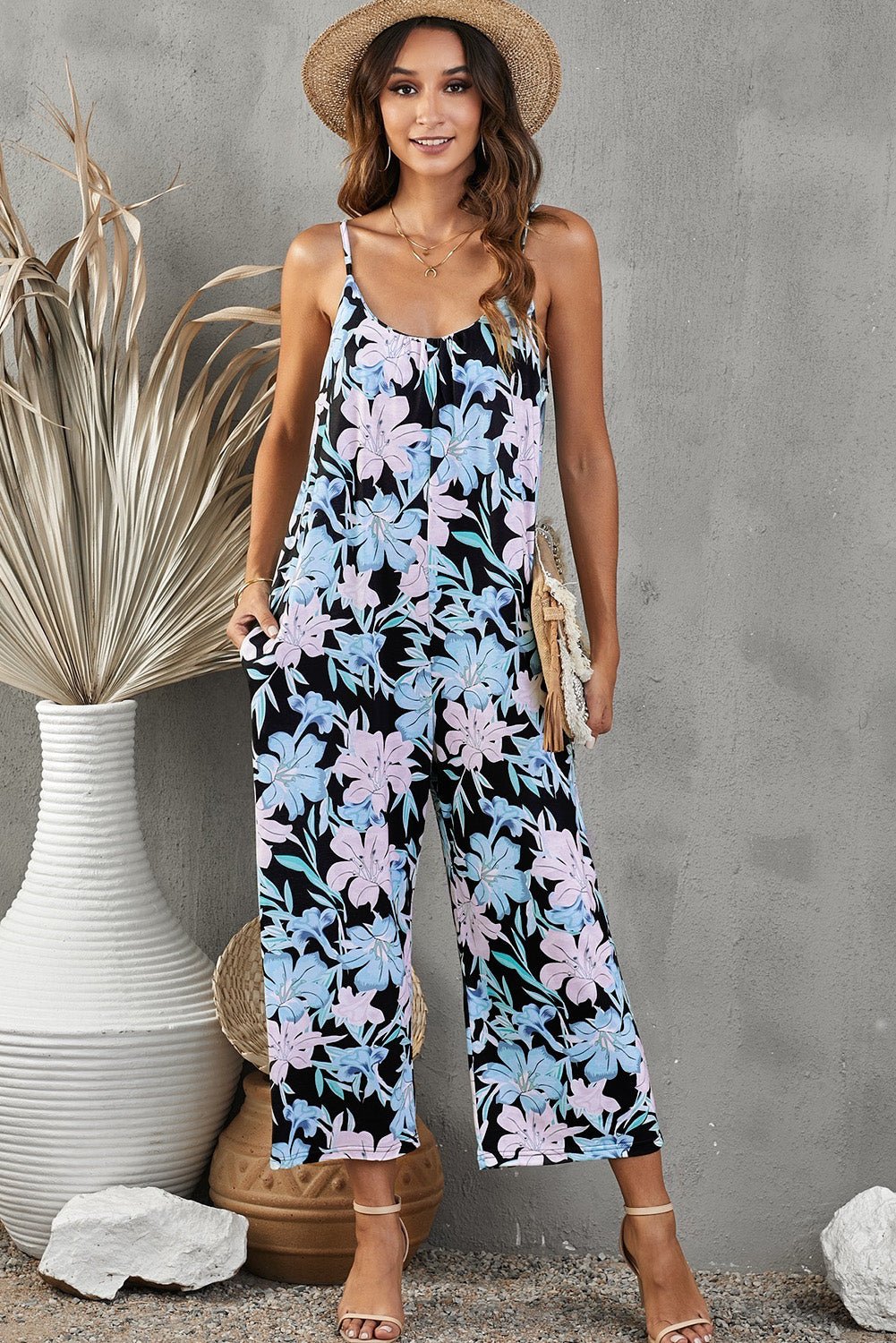 Playful Print Spaghetti Strap Cropped Jumpsuit - Kalizeh