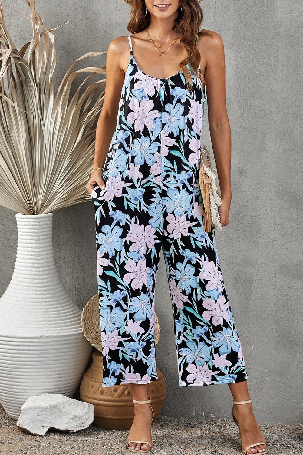 Playful Print Spaghetti Strap Cropped Jumpsuit - Kalizeh