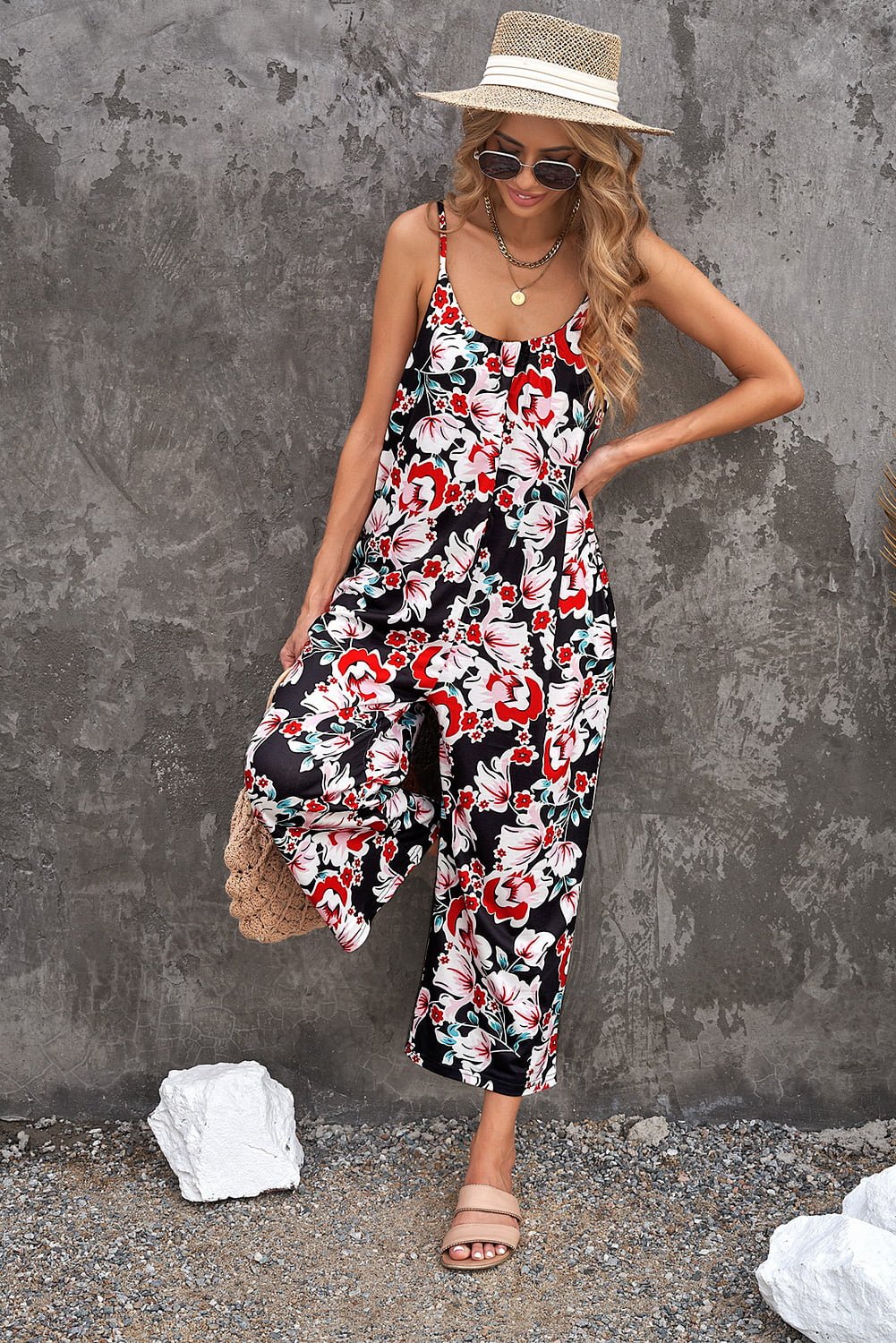 Playful Print Spaghetti Strap Cropped Jumpsuit - Kalizeh