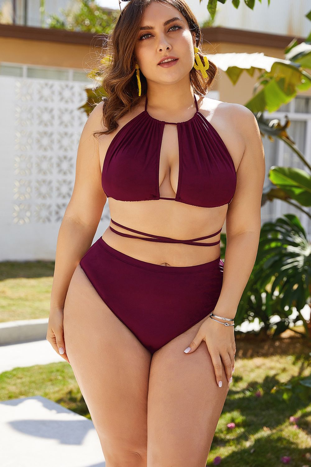 Plus Size Backless Cutout Halter Bikini Set - Kalizeh