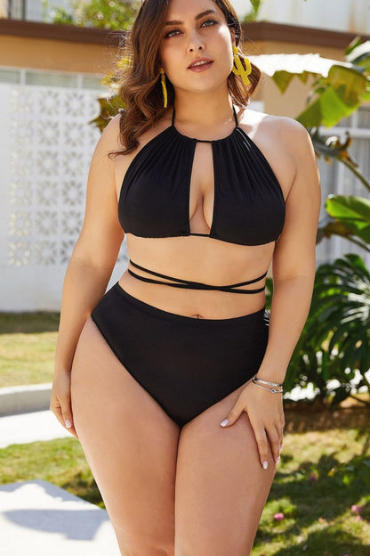 Plus Size Backless Cutout Halter Bikini Set - Kalizeh