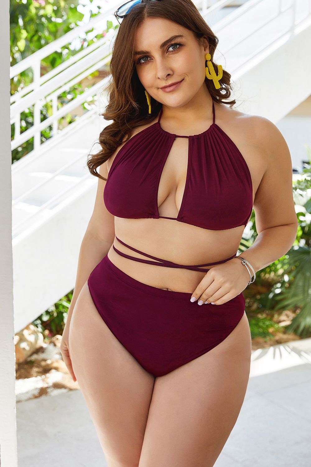 Plus Size Backless Cutout Halter Bikini Set - Kalizeh