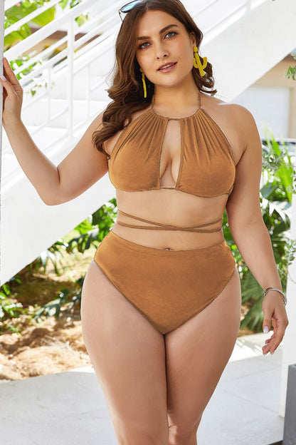 Plus Size Backless Cutout Halter Bikini Set - Kalizeh