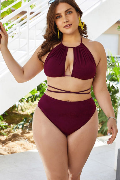 Plus Size Backless Cutout Halter Bikini Set - Kalizeh