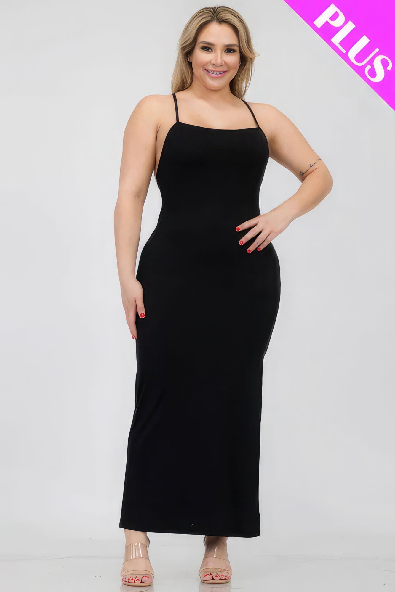 Plus Size Black Crisscross Back Split Thigh Maxi Dress - Kalizeh