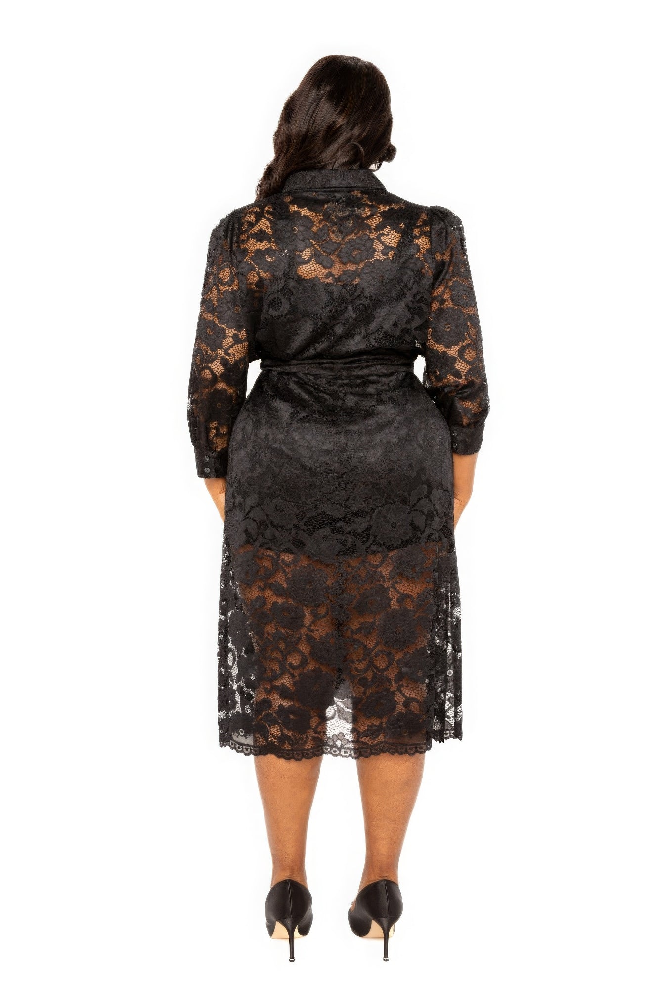 Plus Size Black Lace Detail Belted Shirt Dress - Kalizeh