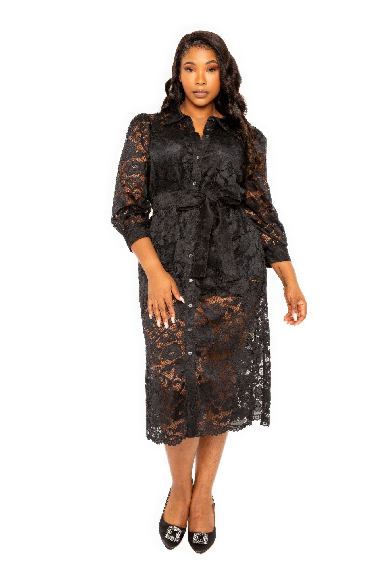 Plus Size Black Lace Detail Belted Shirt Dress - Kalizeh