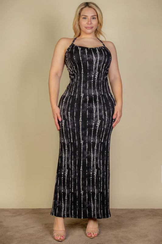 Plus Size Black Tie Dye Printed Camisole Bodycon Maxi Dress - Kalizeh