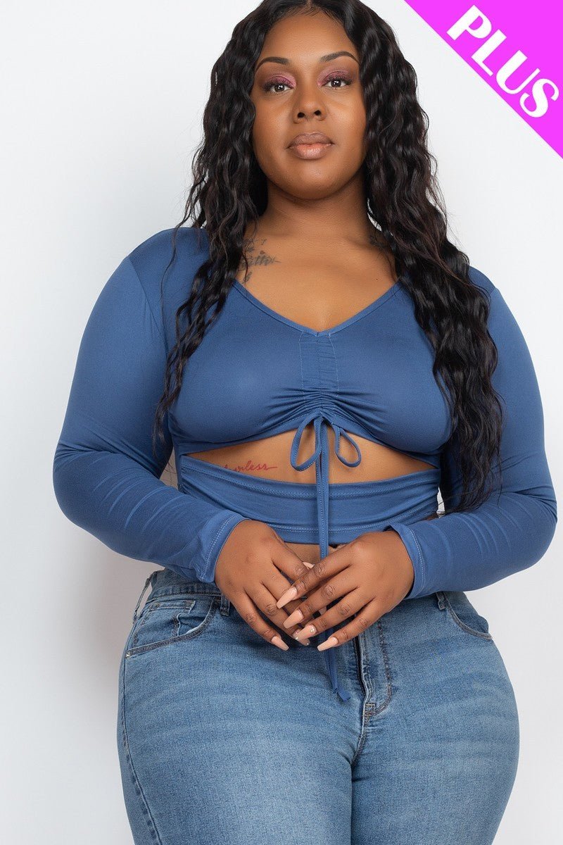 Plus Size Blue Haze Drawstring Ruched Cutout Crop Top - Kalizeh