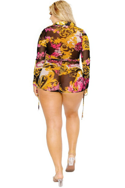 Plus Size Gold & Floral Print Belted Romper - Kalizeh