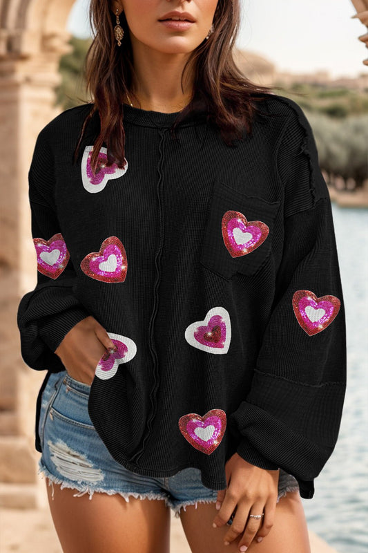 Plus Size Heart Sequin Round Neck Sweatshirt - Kalizeh