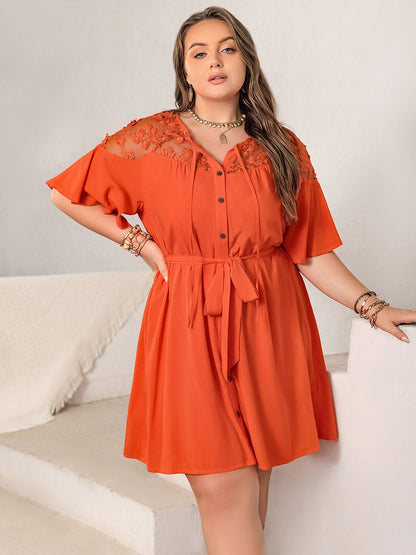 Plus Size Lace Button Up Half Sleeve Dress - Kalizeh