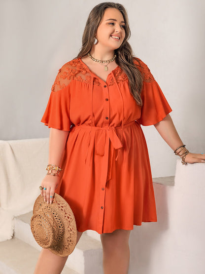 Plus Size Lace Button Up Half Sleeve Dress - Kalizeh