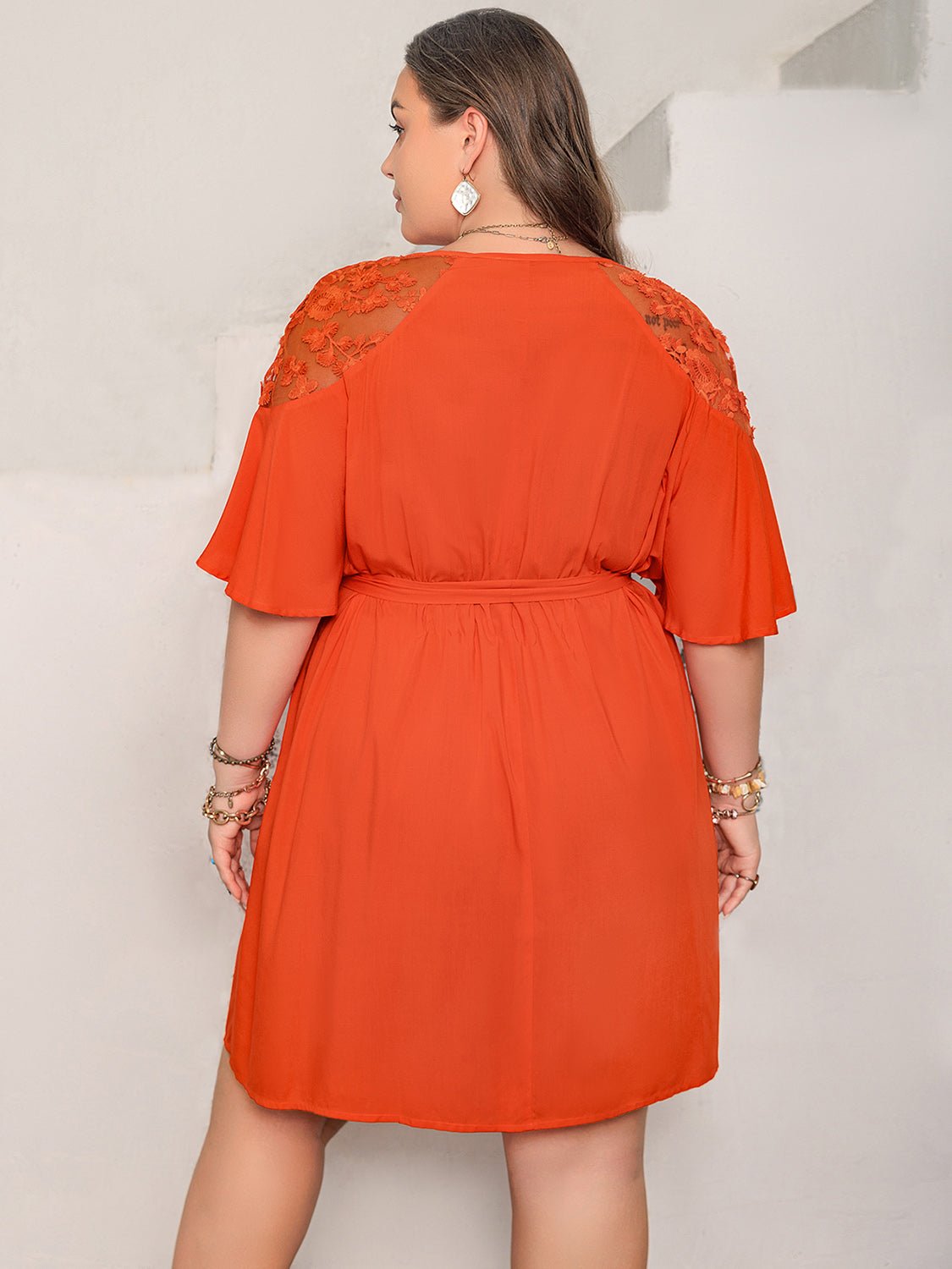 Plus Size Lace Button Up Half Sleeve Dress - Kalizeh